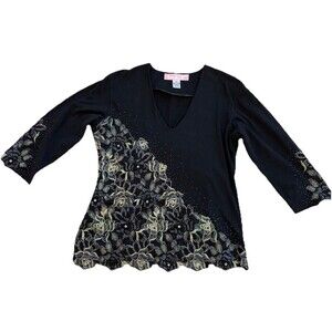 Sassy Thai Womens Black Cotton Knit Top with Hand Beading Floral Lace V Neck Lrg